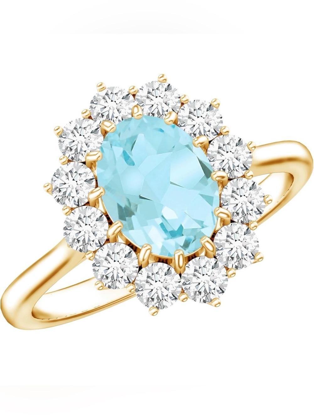 Natural 1.10 CT Sky Blue Topaz Ring 14K Gold Plated Silver D-VS1 Moissanite Halo